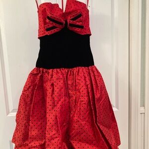 Victor Costa Vintage Polka Dot Red Black Formal Strapless Dress size 2 or 4 EUC